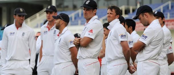The despondent England Team look on after the 3-0 whitewash to Pakistan in 2012