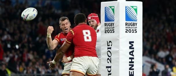 Wales celebrate a try in the victory over England