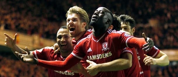 Middlesbrough celebrate their opener in the 2-0 win against Derby.