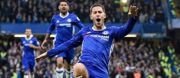 Eden Hazard celebrates his goal in Chelsea's 4-0 win over Man United.