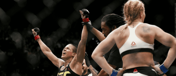 Amanda Nunes Celebrates after Defeating Valentina Shevchenko at UFC 196