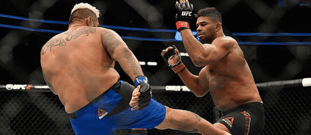 Mark Hunt Attacks the Legs of Alistair Overeem