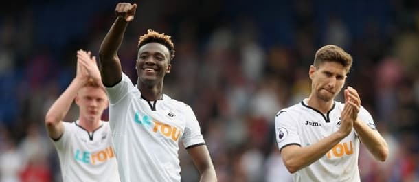 Swansea celebrate their 2-0 win at Crystal Palace.