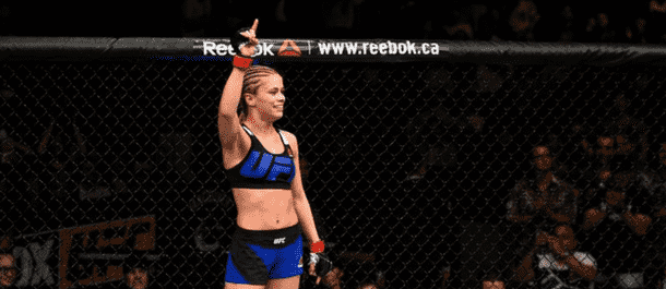 Paige VanZant celebrates after defeating Bec Rawlings