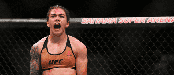 Jessica Andrade celebrates a victory over Claudia Gadelha