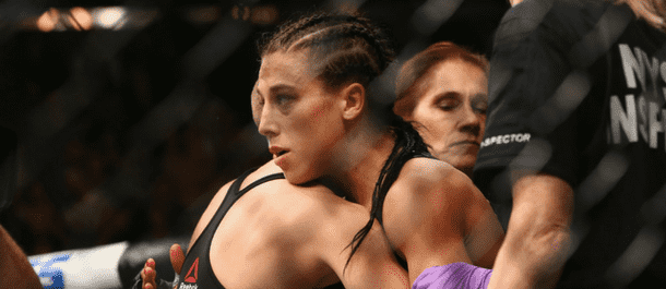 Joanna Jedrzejczyk congratulates Rose Namajunas at UFC 223