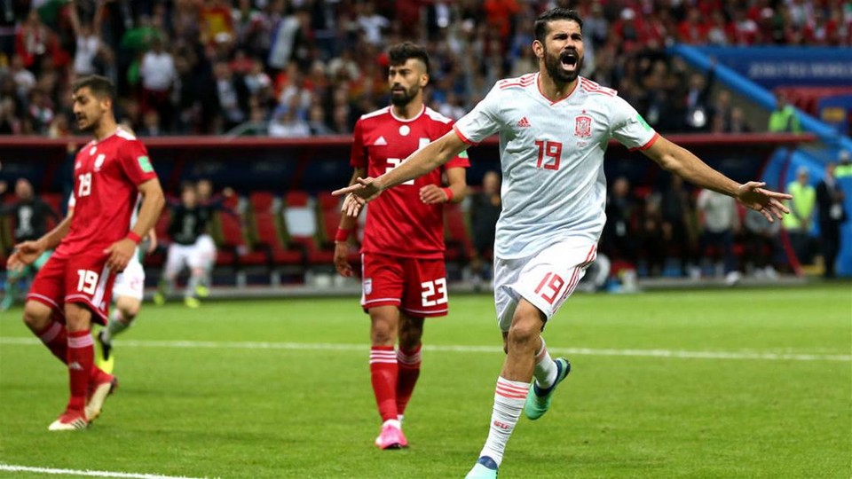 Diego Costa celebrating after scoring for Spain