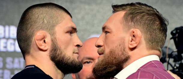 Lightweight champion Khabib Nurmagomedov faces-off with Conor McGregor