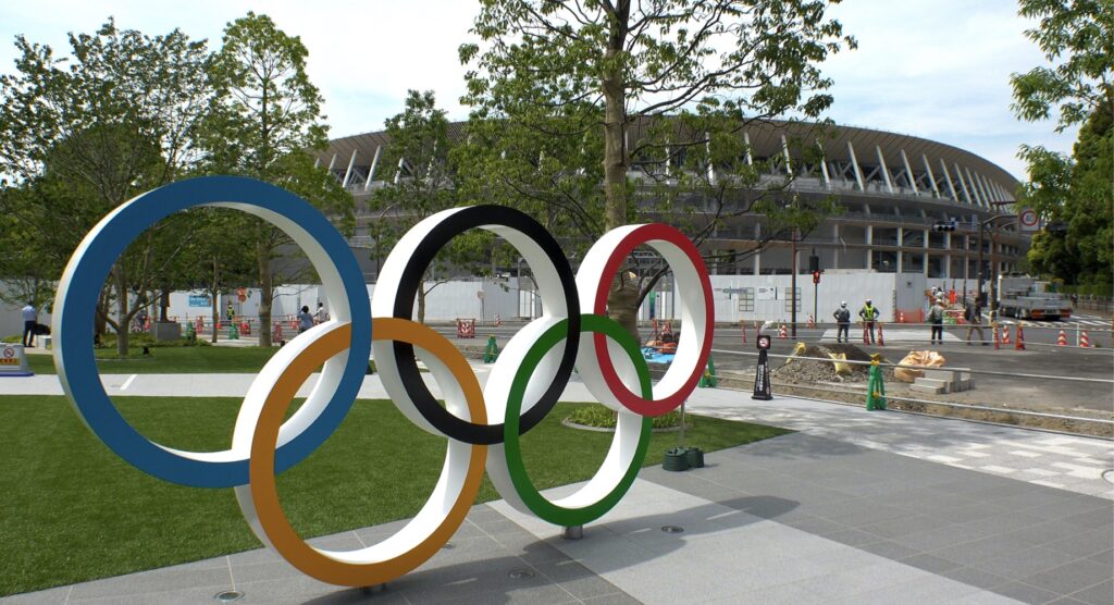 Olympic five ring symbol outside of Japan Olympic Museum in downtown Tokyo