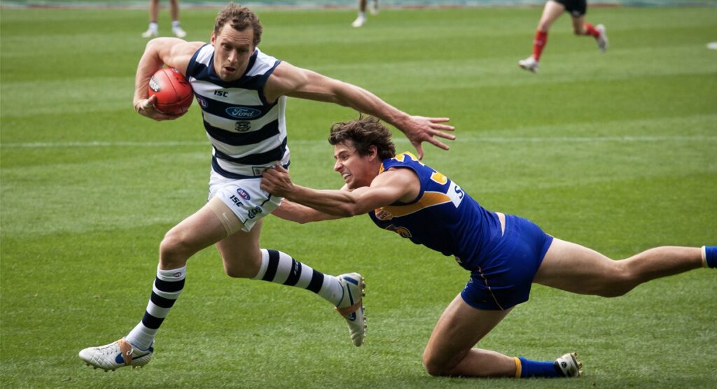 AFL player making a tackle AFL player making a tackle