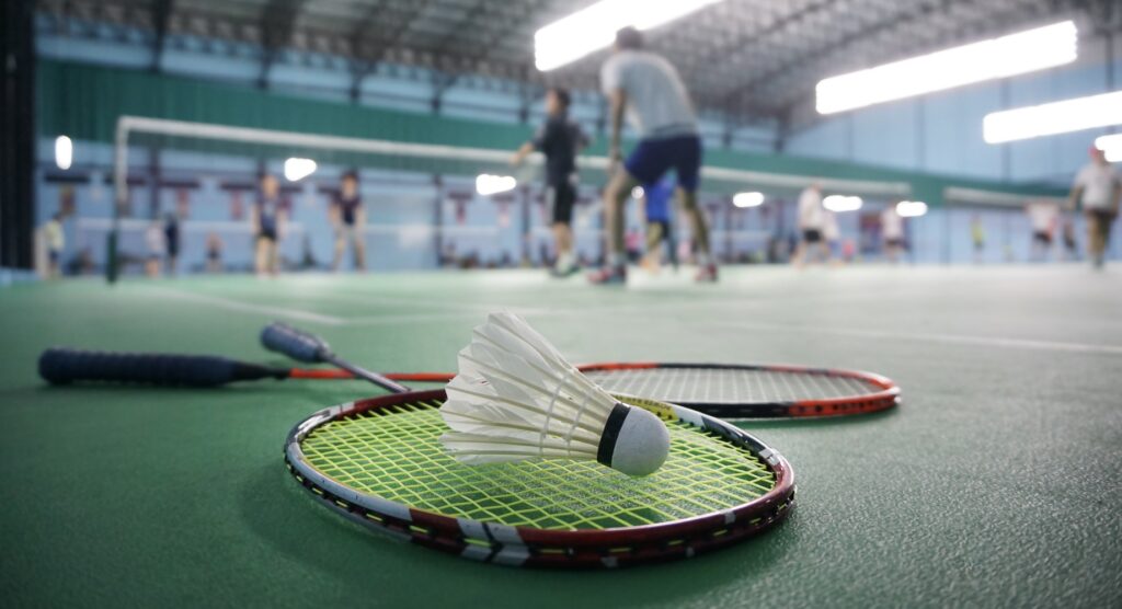 Badminton rackets and shuttlecock on floor while game is being played