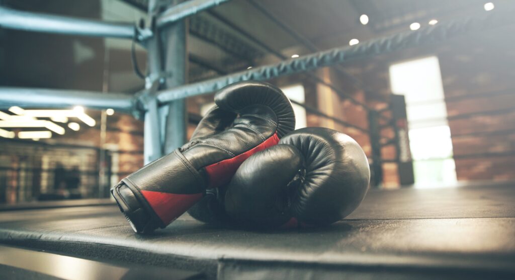 Boxing gloves on edge of ring