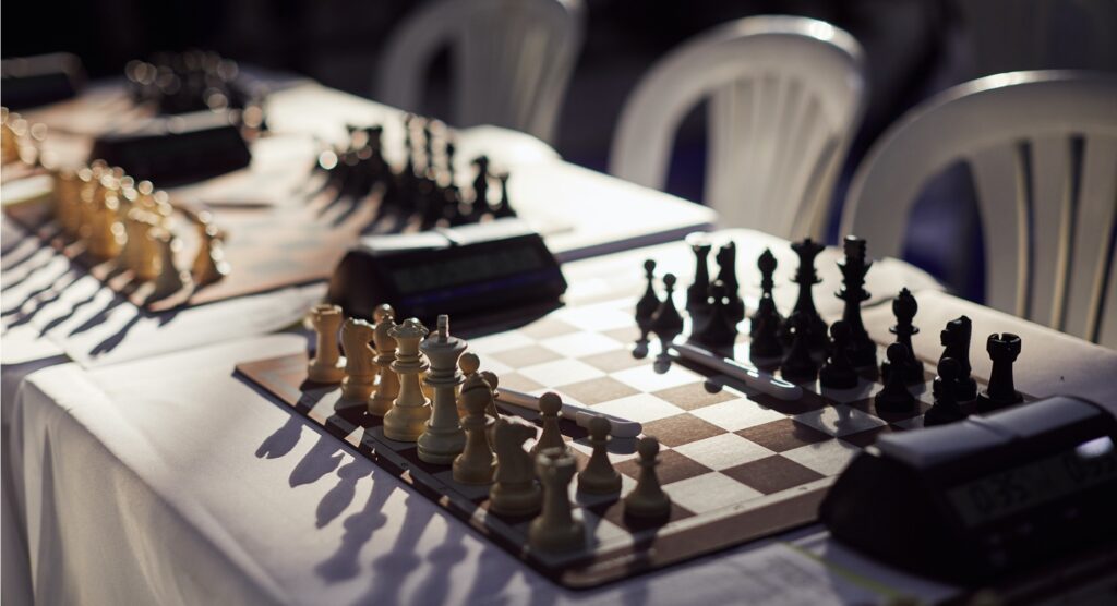 Chess boards set up for a tournament