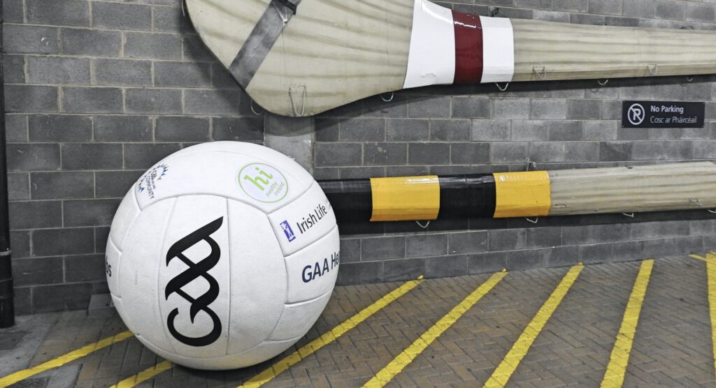 Oversized Gaelic football and hurling stick outside building