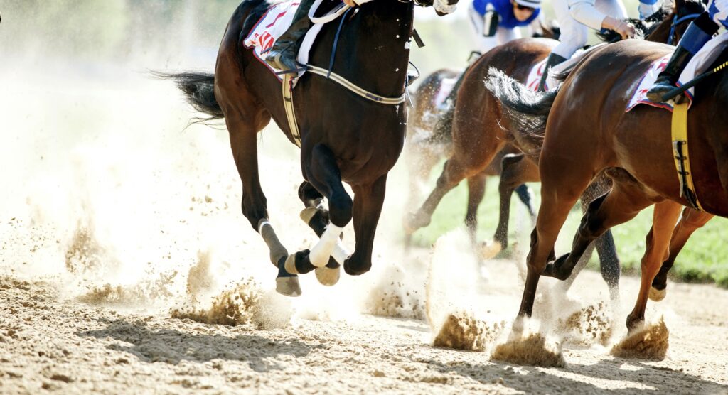 Horses racing on a dirt track