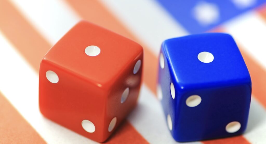 Red die and blue die, both showing one white dot