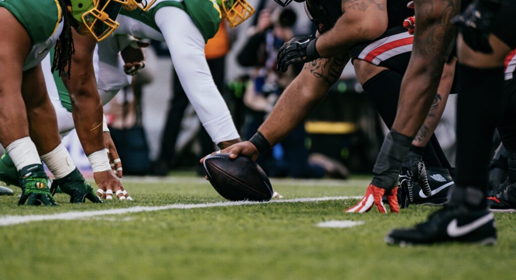XFL players preparing for snap XFL players preparing for snap