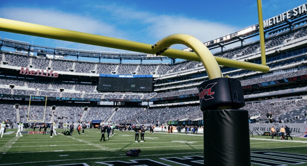 View from behind goal post before XFL game View from behind goal post before XFL game