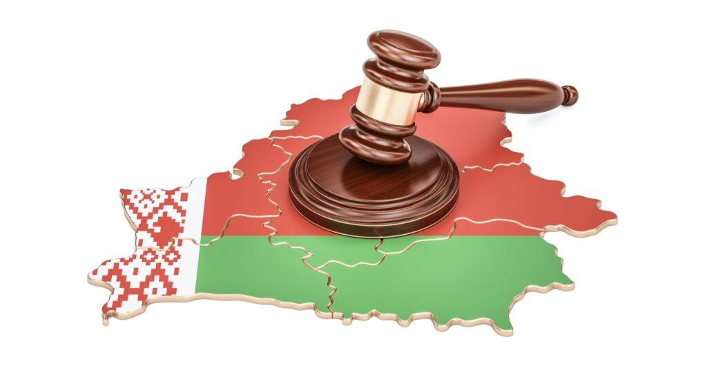 Wooden gavel on map of Belarus