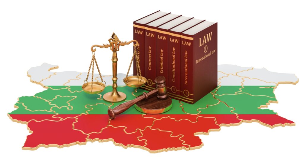 Law-related items on map of Bulgaria
