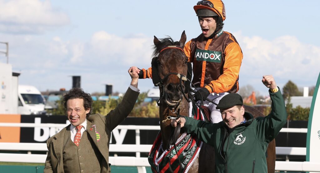 2022 Grand National winner Noble Yeats with trainer E Mullins and jockey Sean Bowen