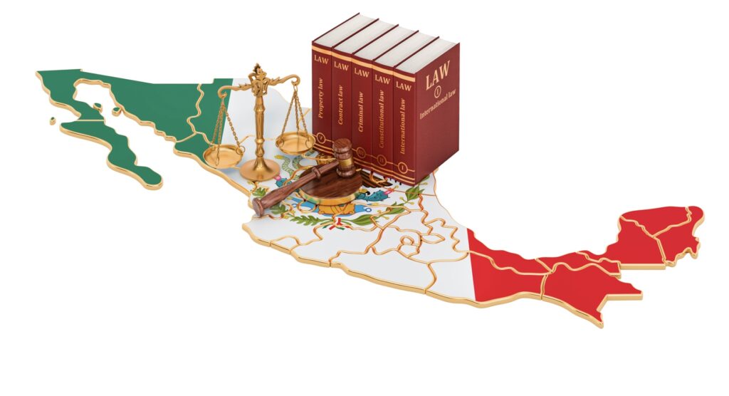 Law-related items on map of Mexico