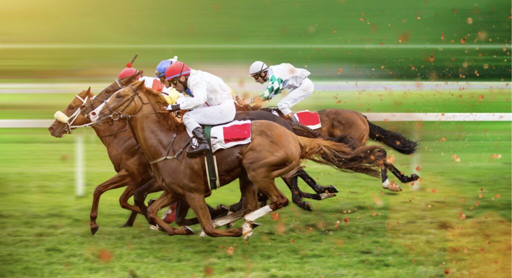 Horses racing towards finish post