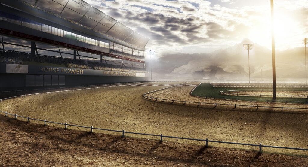 Racetrack view of grandstand and sky