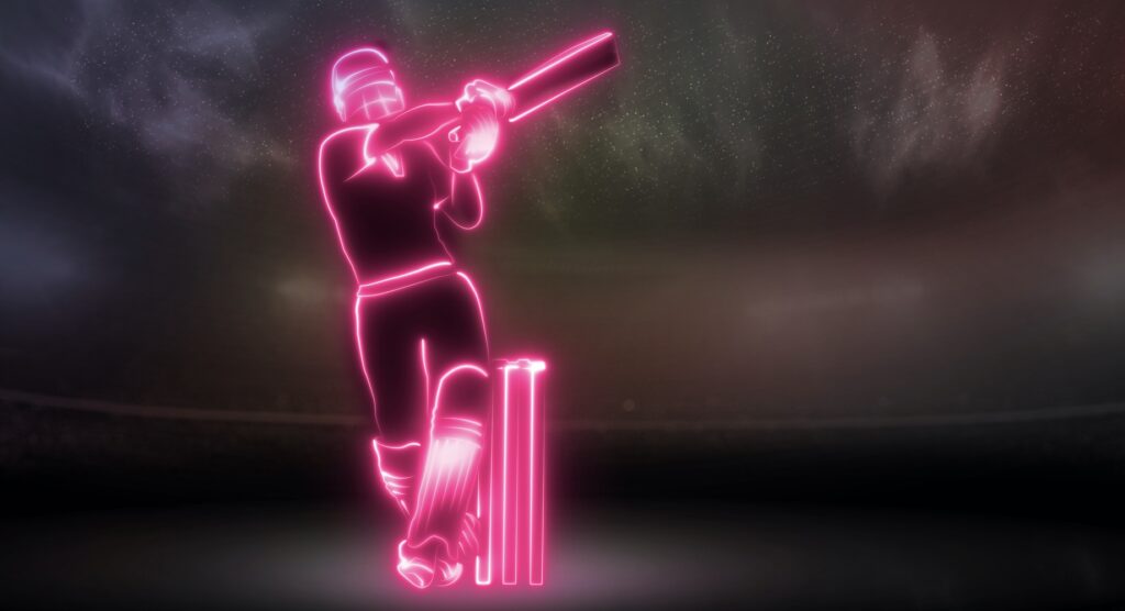Neon effect cricket player swinging bat