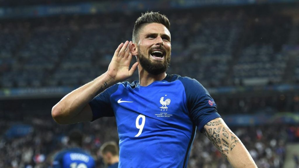 Olivier Giroud celebrating after scoring goal for France