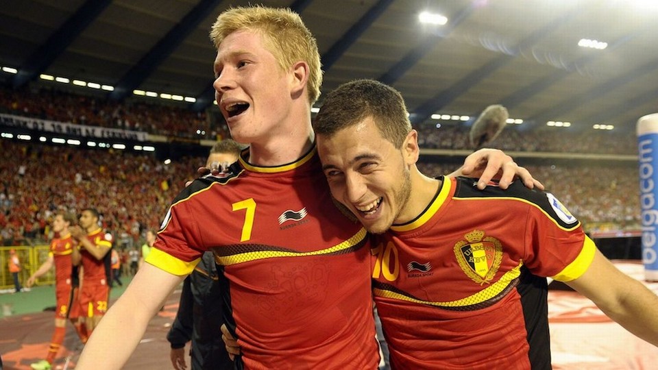 Kevin De Bruyne and Eden Hazard celebrate after Belgium win