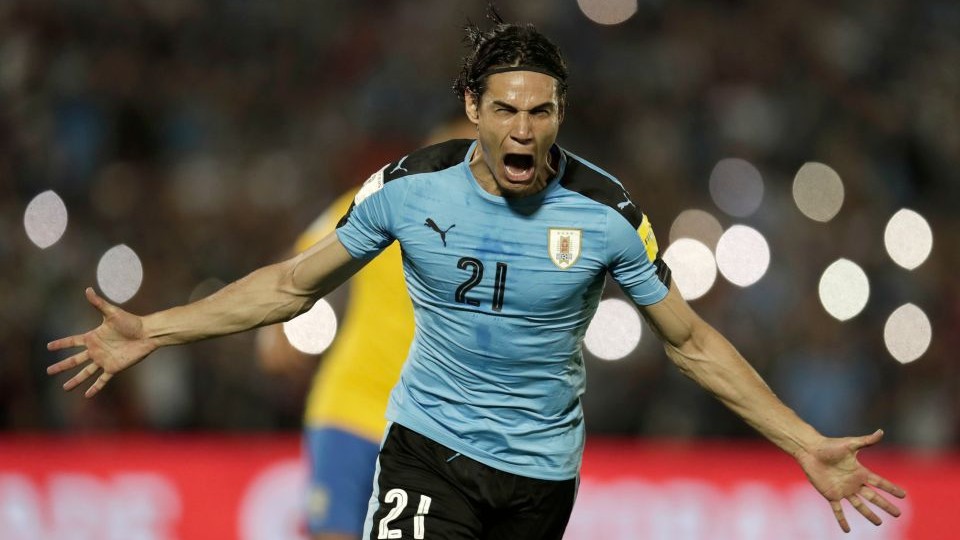 Edinson Cavani celebrates after scoring goal for Uruguay