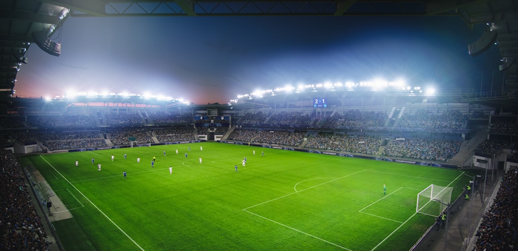 High Angle Establishing Shot: Stadium with Soccer
