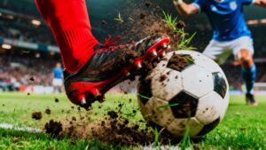 A low-angle action shot capturing the moment a red-socked foot connects with the ball