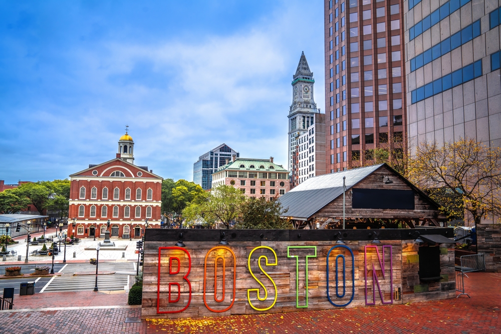 Boston Faneuil Hall square and cityscape view