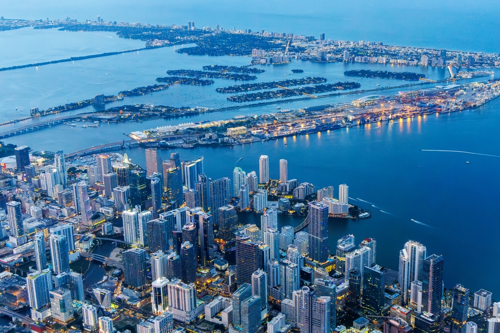 Aerial view of Miami skyline with skyscrapers