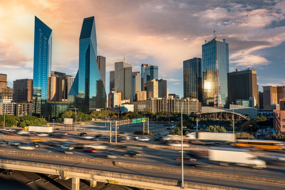 Dallas Texas downtown urban skyline and freeway
