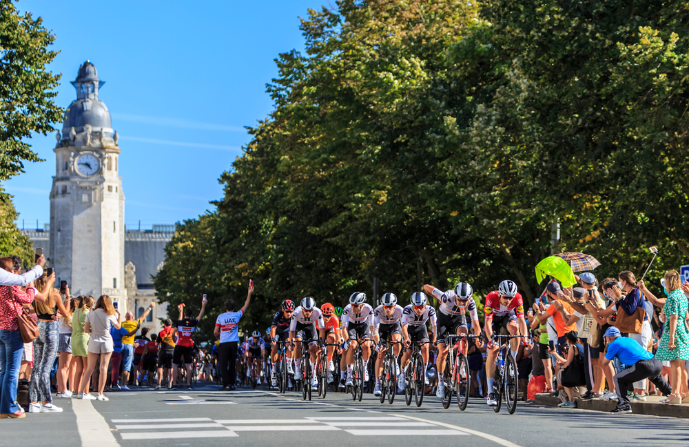 The peloton riding in La Rochelle during the stage 10 of Le Tour de France 2020