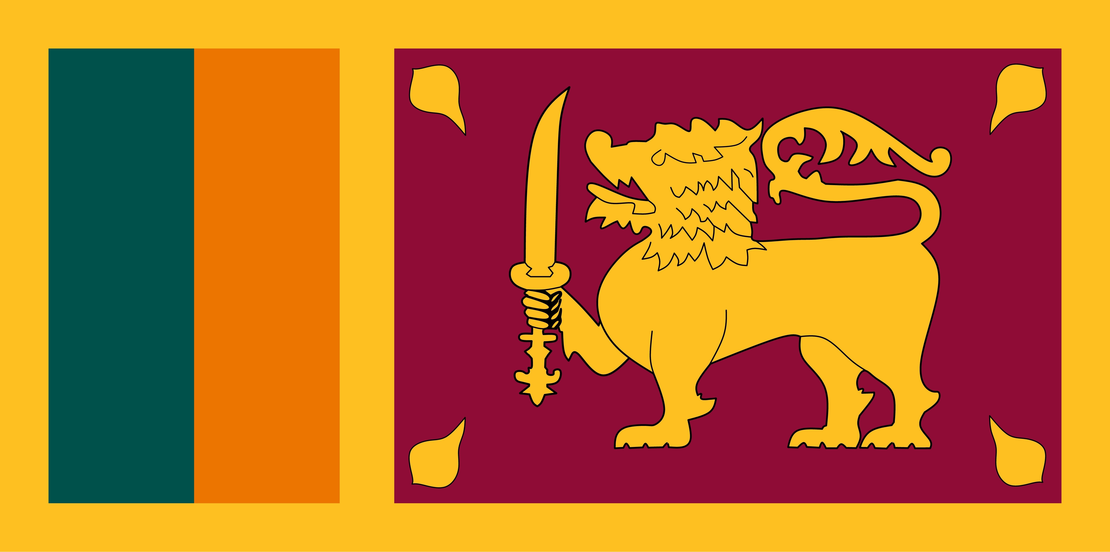 Flag of Sri Lanka, showing a gold lion holding a sword on a maroon field beside green and orange vertical stripes