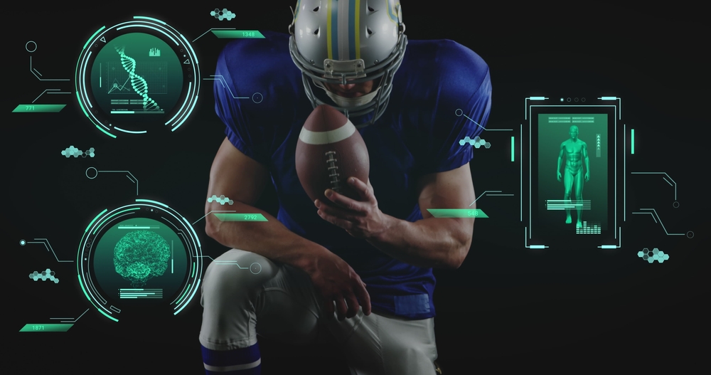 American football player with sports analytics data overlay American football player holding a ball, surrounded by digital sports analytics graphics
