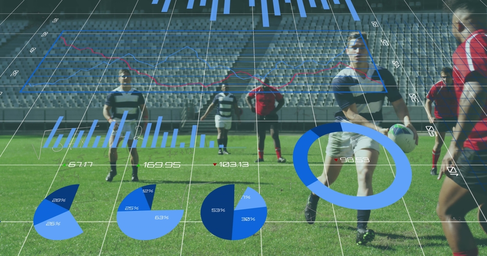 Rugby match with sports analytics data visualisation overlay Rugby players on a pitch with data charts and statistics graphics overlaid