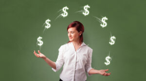 Woman juggling dollar signs symbolises calculating parlays